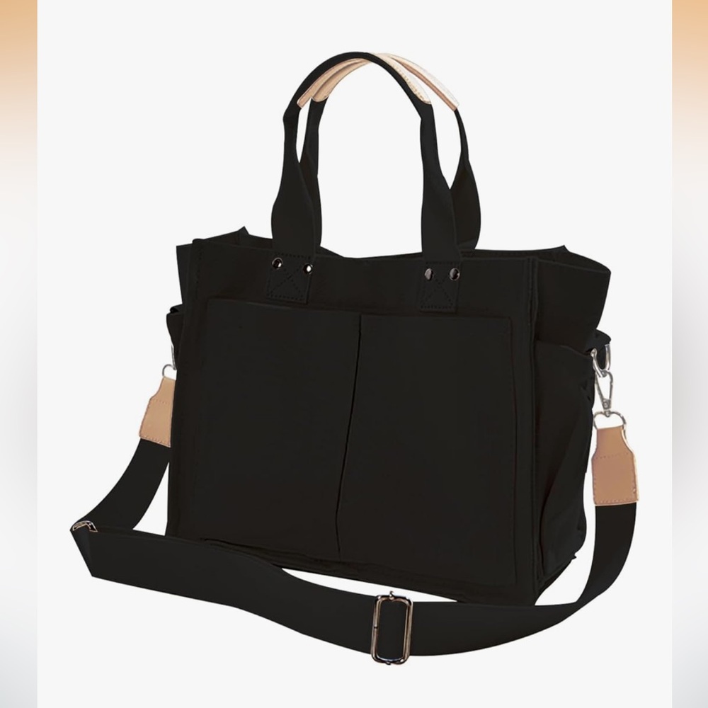Stylish Black Tote Bag with Tan Accents Unisex